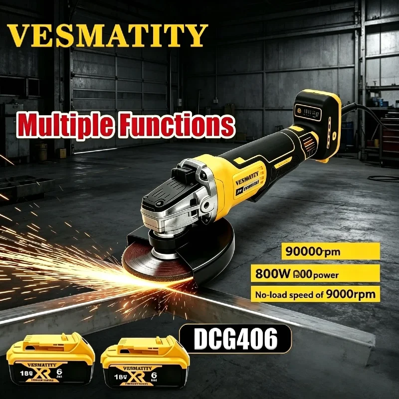 Vesmatity DCG406 9000RPM Brushless Angle Grinder 125mm Cordless Multifunctional Polishing Cutting Power Tool Battery Pro