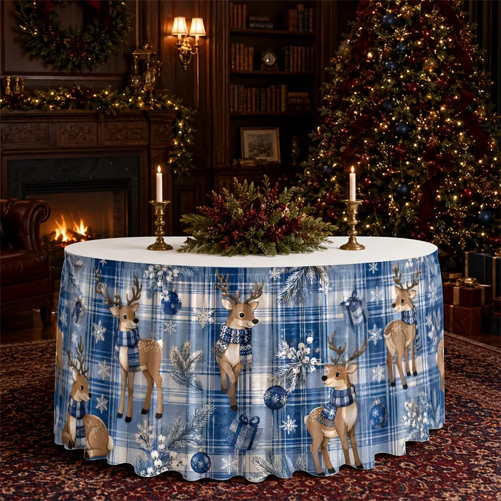 Table skirt / tableskirt, winter, festival, elk, check pattern, snowflake, blue, warm, Christmas party