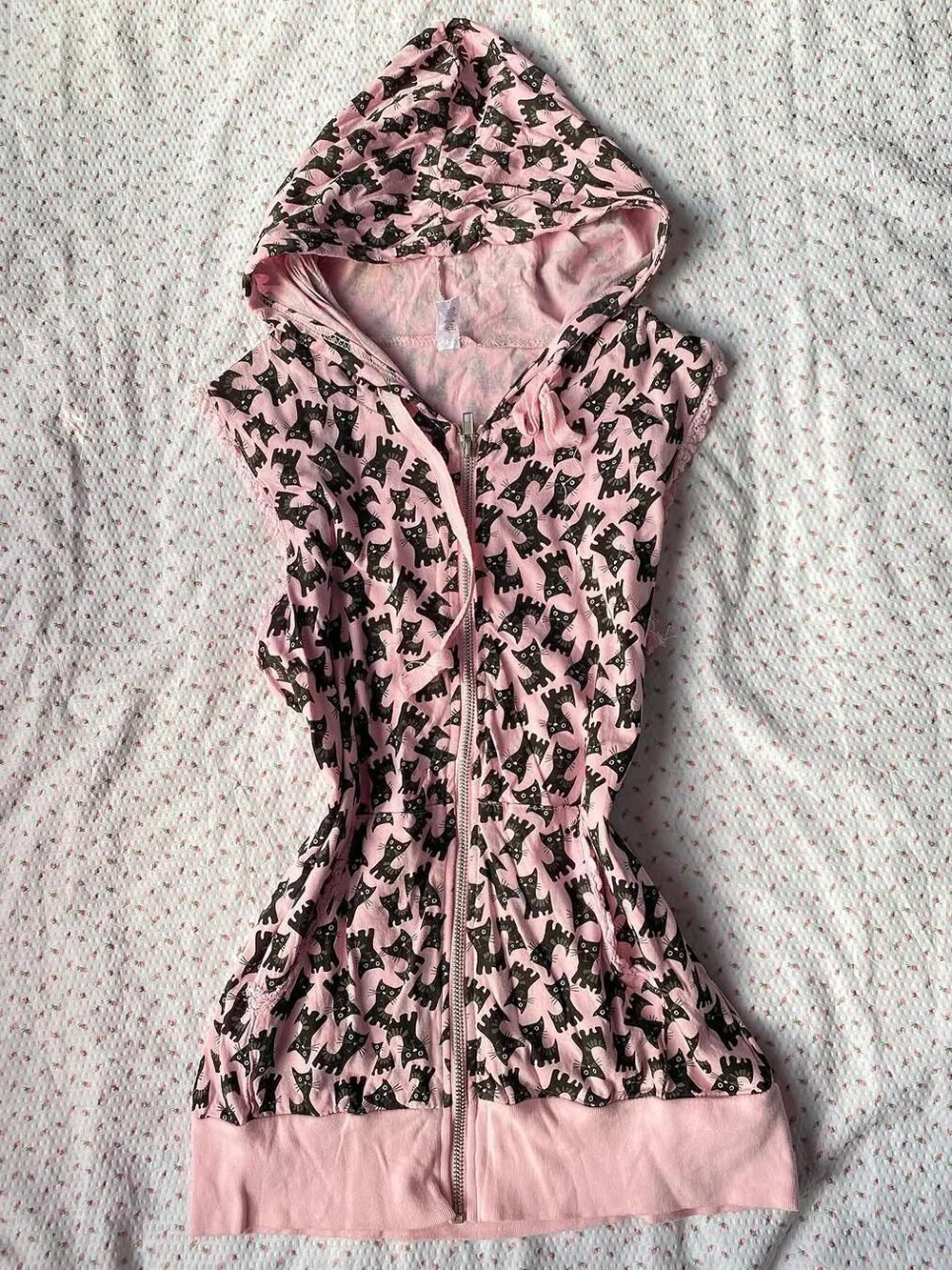 

American Retro Y2K Women Clothing Pink Sweet Cat Printed Sleeveless Zipper Hooded T-shirt Hip-hop Hot Girl Slim Fit Casual Top