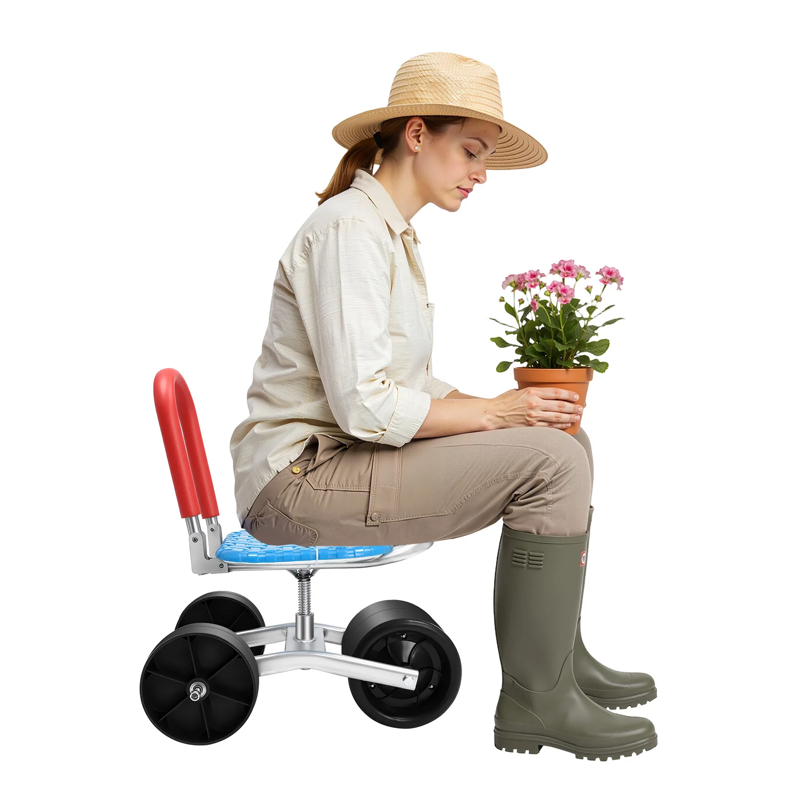 Three-wheel Rolling Garden Stool Galvanized High-carbon Steel Frame 360 Degree Swivel Sponge Backrest Adjustable Height 150kg Load Greenhouse Orchard Farm Picking Work Seat