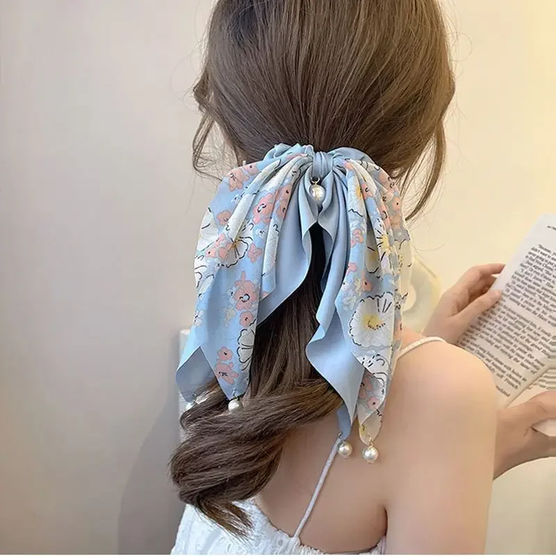 Elegance Print Long Ribbon Hair Scrunchies for Women Elastic Satin Ponytail Scarf Girls Bow Hair Bands with Pearl Boho Hair Tie