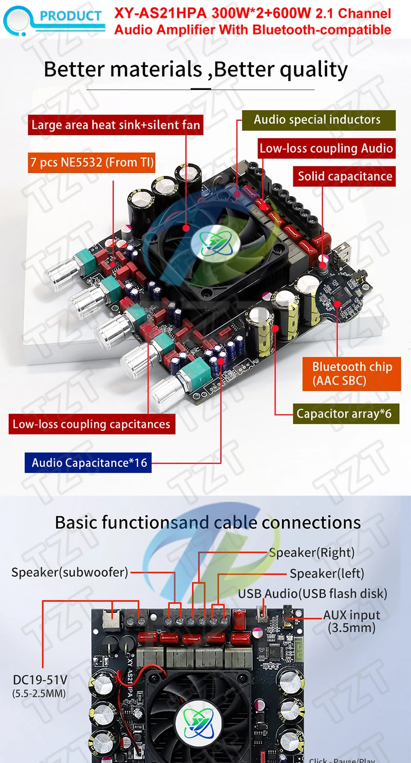 Placa amplificadora Digital de alta potencia Bluetooth XY-AS21HPA