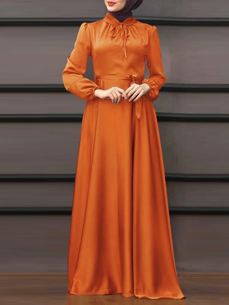 ZANZEA Women Spring Long Sleeve Solid Muslim Sundress Lace Up Vestido Dubai Abaya Hijab Dress Robe Elegant Maxi Long Satin Dress