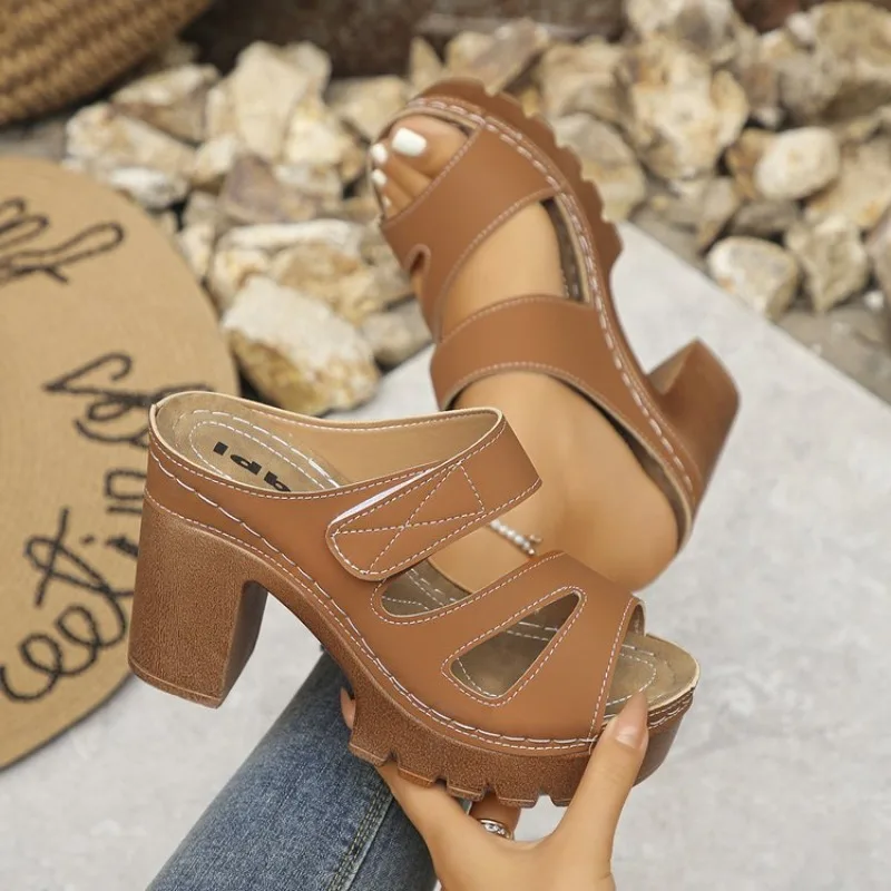 Women's Platform Mules Open Toe Block High Heel Leather-Look Slip-On Shoes with Cutouts Contrast Stitching and Lug-Sole Platform