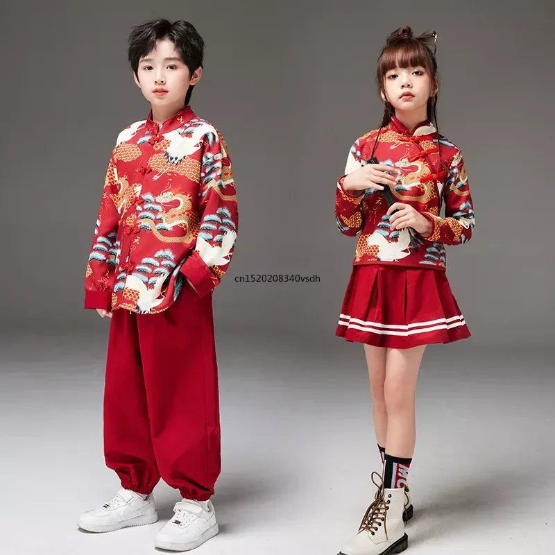 

Boy Ancient Tang Costume Stage Show Wear Red Chinese Style Printed Clothes Set Girl Hanfu Skirt Chinese Style Performance Outfit