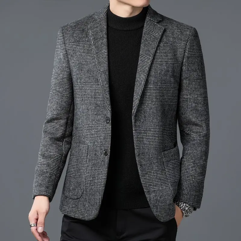 2023 Autumn Winter Men Classic Plaid Sheep Wool Blazers Male Grey Coffee Checked Pattern Cashmere Blended Suit Jackets Outfits