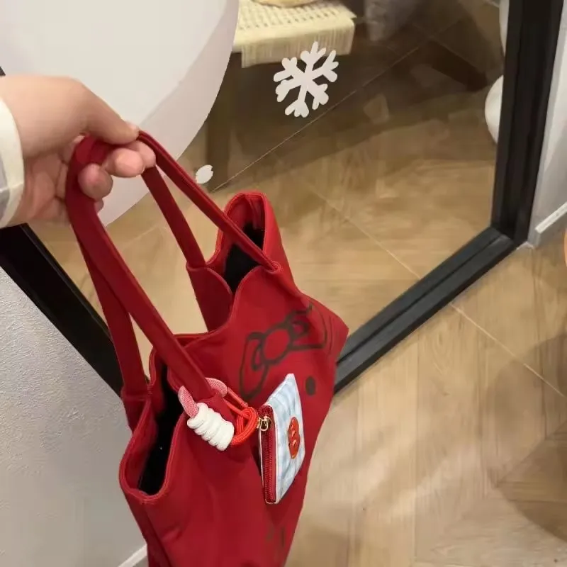 سانريو مرحبا كيتي حقيبة حمراء حقيبة قماش قنب سعة كبيرة حقيبة كتف التنقل السفر المطبوعة حمل حقيبة المتسوق حقيبة هدايا عيد الميلاد #4