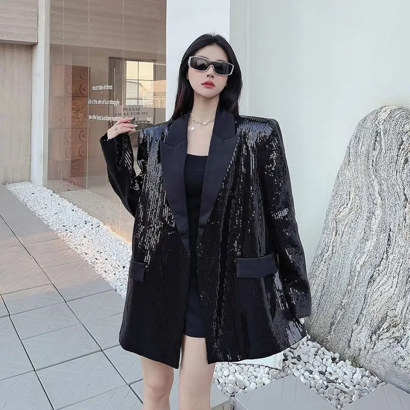 

Design Sense Niche Black Sequined Blazer Women's 2025 Spring New Loose Temperament Shoulder Padded Suit Top