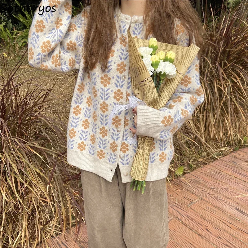 Women Floral Cardigans O-neck Single Breasted Stylish Loose Casual Sweet Retro Sweaters Knitted Warm Tender Temperament S-3XL