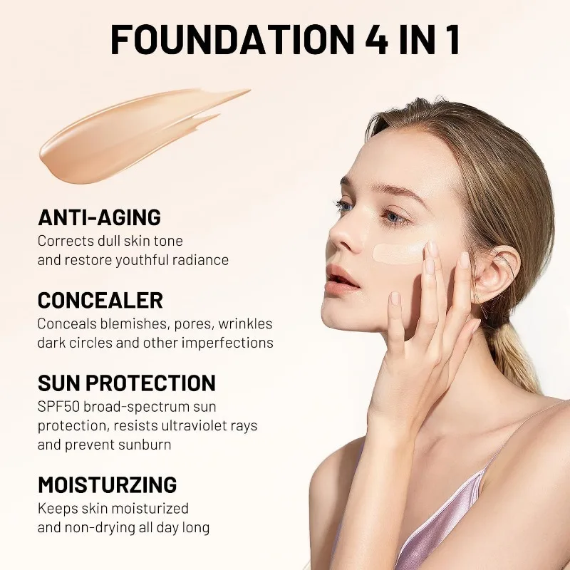 4 in 1 Foundation Liquid Hydrating Medium Full Coverage Concealer SPF 50+ Longwearing Waterproof Foundation Natural Face Makeup