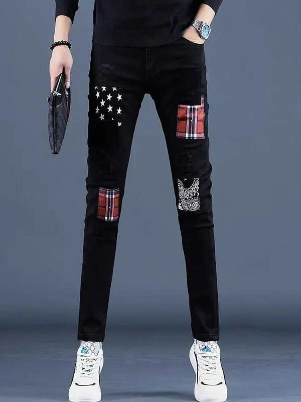 

Высококачественные черные джинсы Slim Fit для мужчин: новая коллекция весна-осень, эластичные, модные, брендовые, повседневные, молодежные, длинные брюки