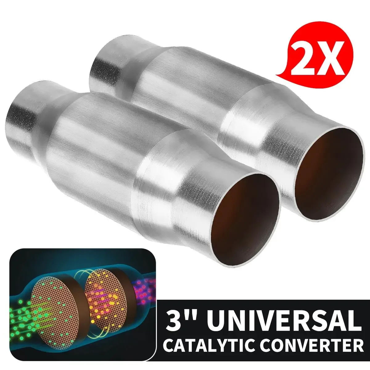 1/2x Universal 3 inch 76mm Car Catalytic Converter Exhaust System 400 Cells High Flow Catalyst Converter Euro1 Stainless Weld-On