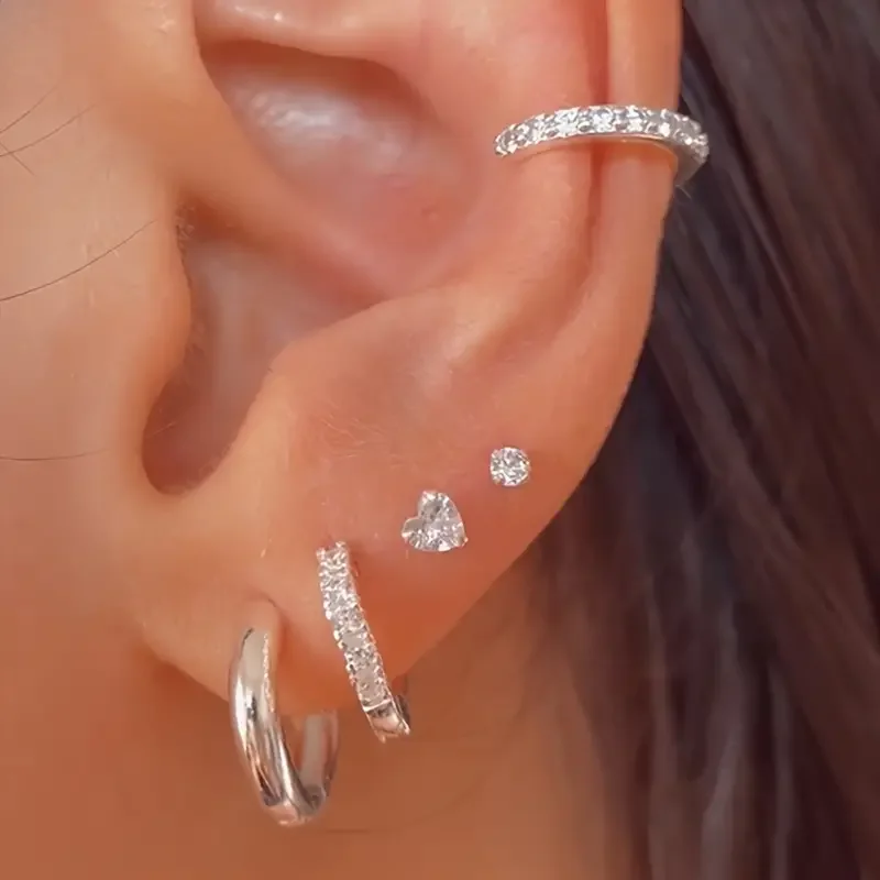 5 Pcs Heart Zircon Earrings Set Fashion Minimalist Silver Color Copper Metal Crystal Hoop Earring Vintage Jewelry Gifts 2024 New