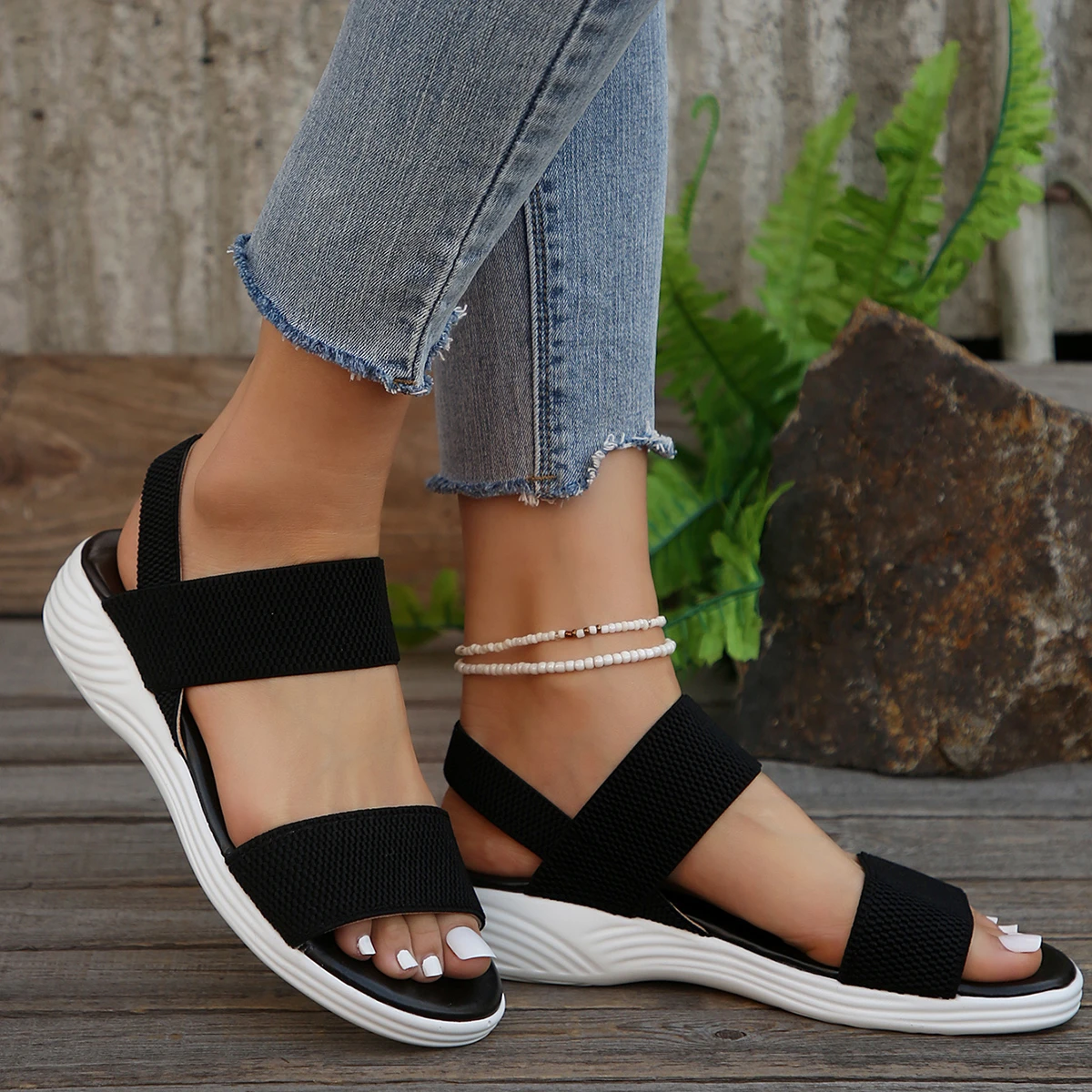 Women's Knit Elastic Cloth Wedge Sandals Slip on Lightweight Walking Sandals Ladies Plus Size Comfortable Summer Shoes for Women image 3