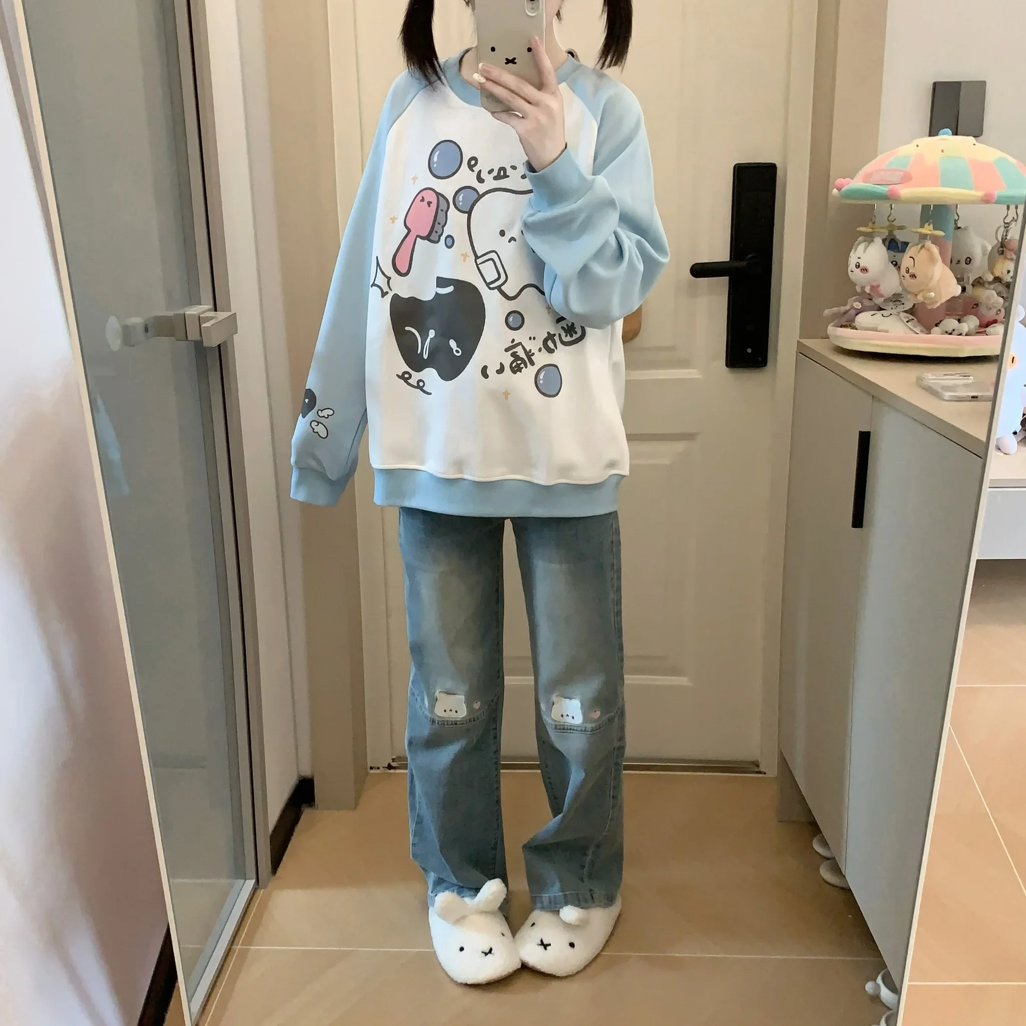 Japan Style Kawaii Loose All-match Pullover Top O-neck Long Sleeve Color Matching Sweatshirts Autumn Winter Casual Fashion Hoody