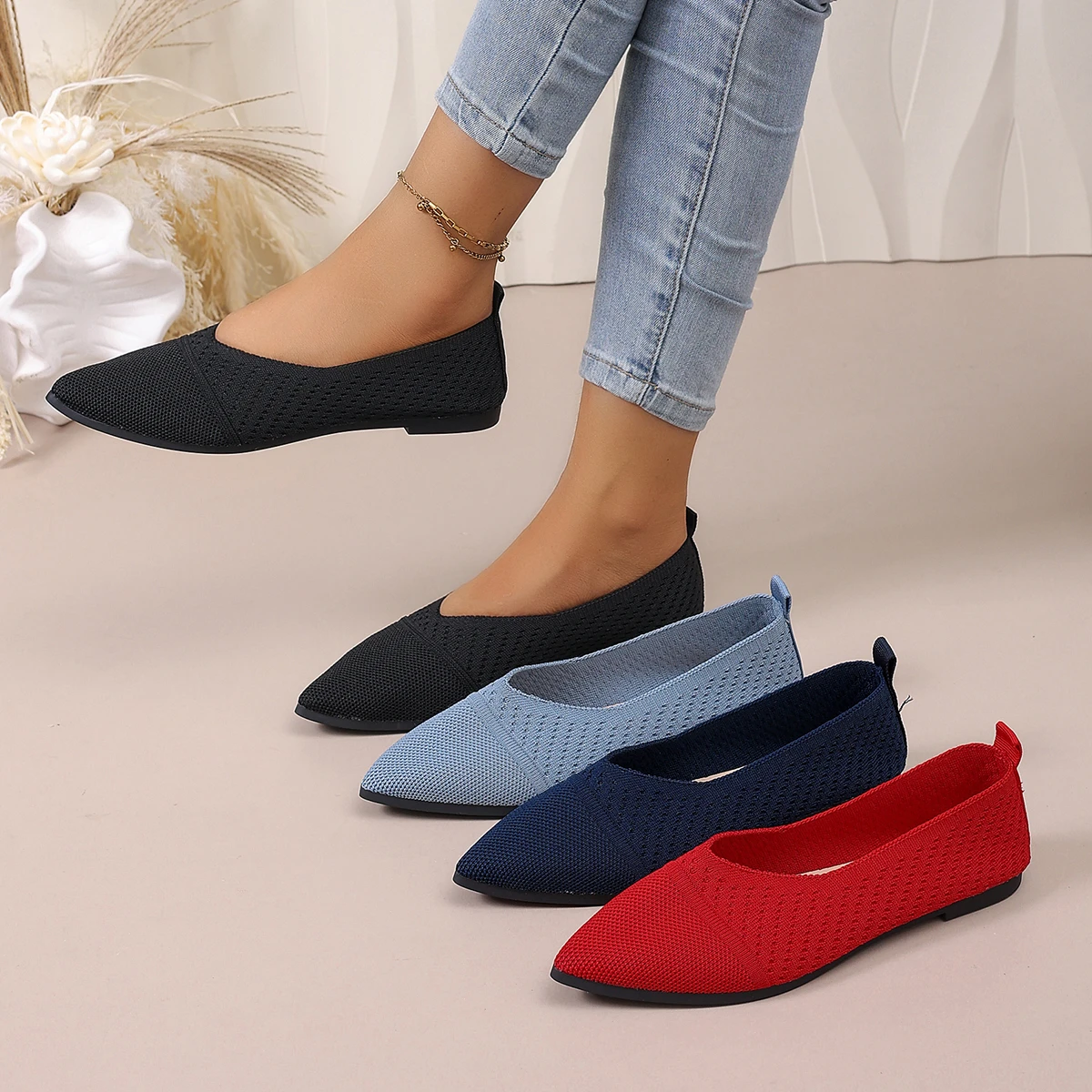 Women's Shoes 2026 Spring and Summer New Knitted Design Mesh Breathable Casual Simple Pointed Toe Flat Shoes Zapatillas Muje