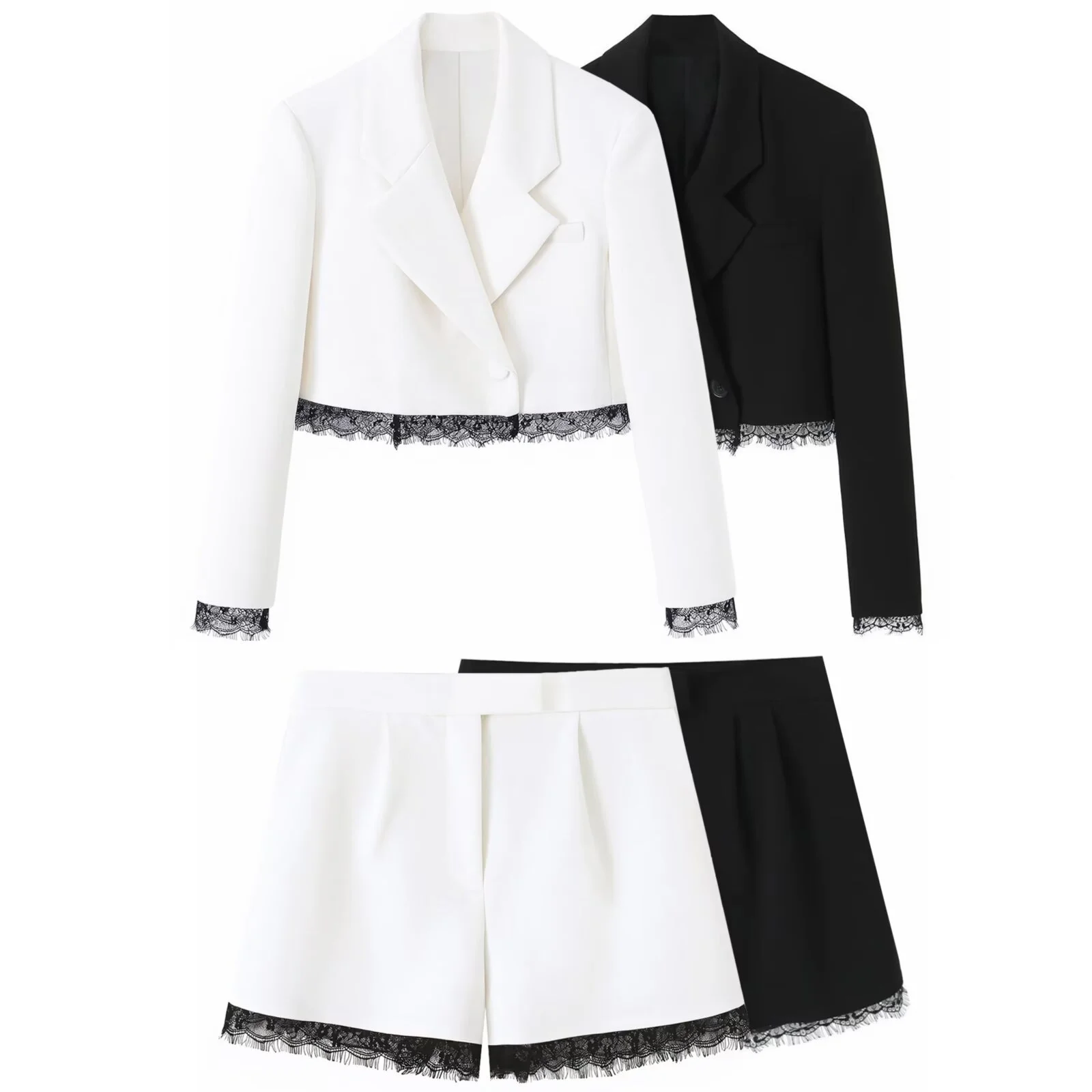 BSAY Damen-Shorts, 2-teiliges Set, langärmlig, Spitzenbesatz, Blazer, hohe Taille, weites Bein, A-Linien-Shorts, Sommer, elegantes, lässiges Outfit