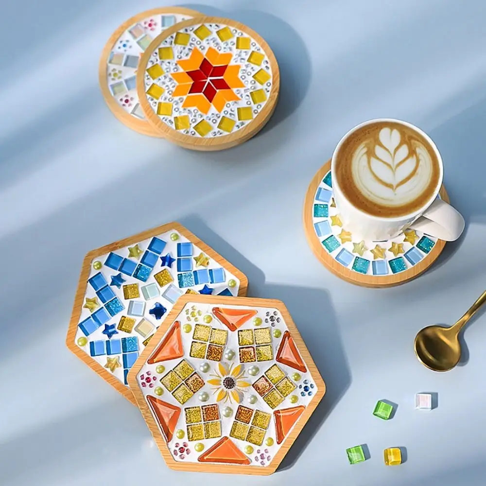 NEW Square Round DIY Mosaic Cup Mat Mosaic Glass Handicraft Handmade Coaster Handmake Accessories Bamboo Pad Early Education