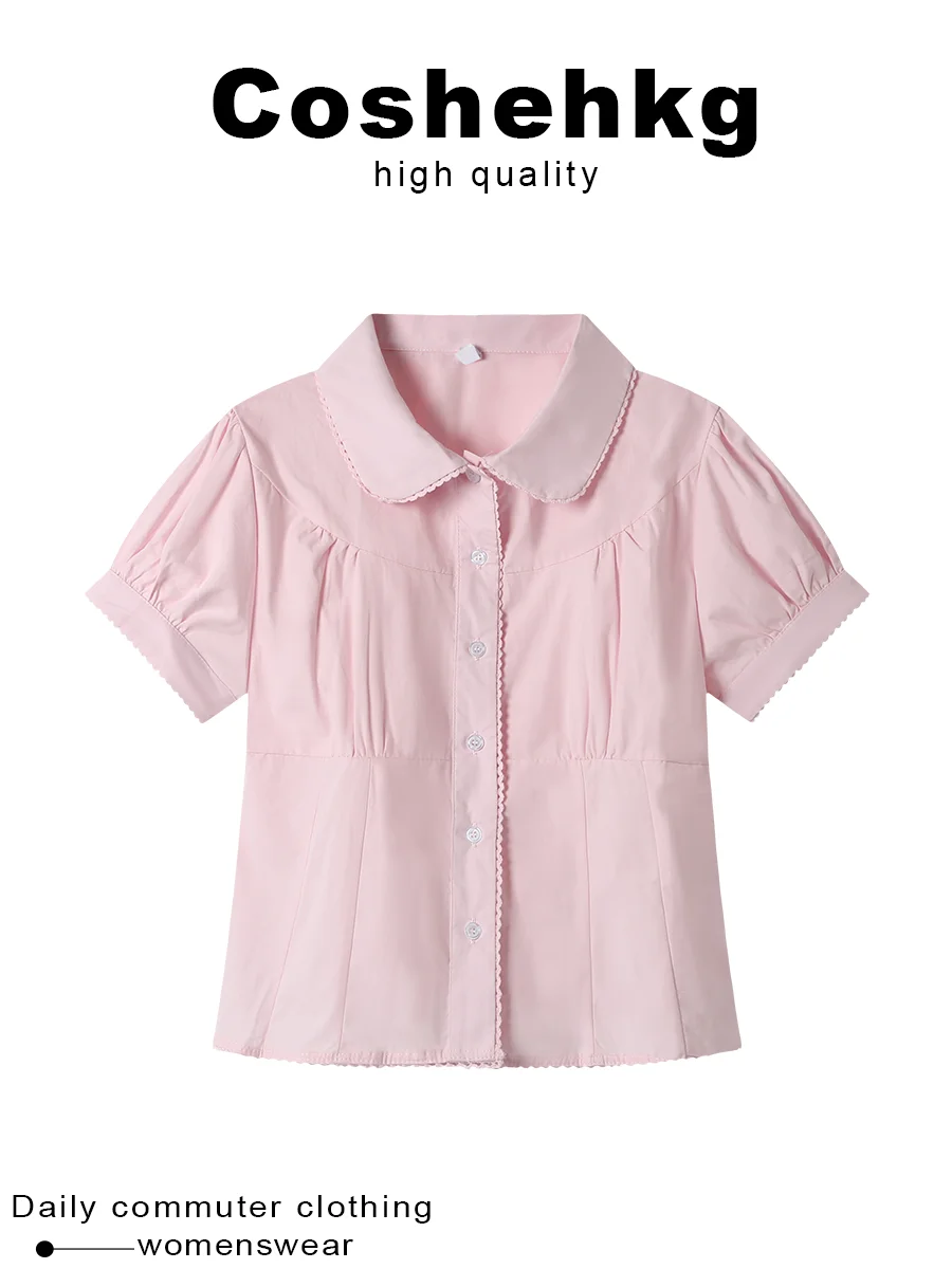 

Coshehkg Japanese Style Lace Trim Bubble Sleeve Doll Collar Shirt Women's Slimming Top Spring Design Short Sleeve Button up