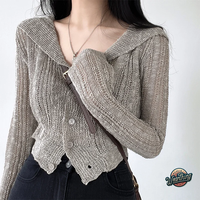 

Korean Style Spring Summer Women's Thin Buttons V-neck Knitted Cropped Cardigan