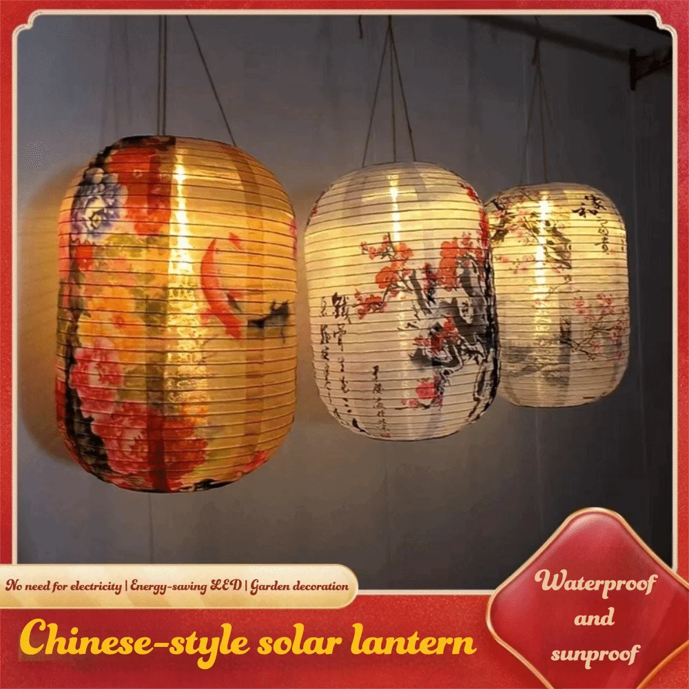 Oriental Style Waterproof Chinese Style Lantern LED Light Solar Powered Solar Lantern Nylon Cloth Outdoor Lantern Home Decor