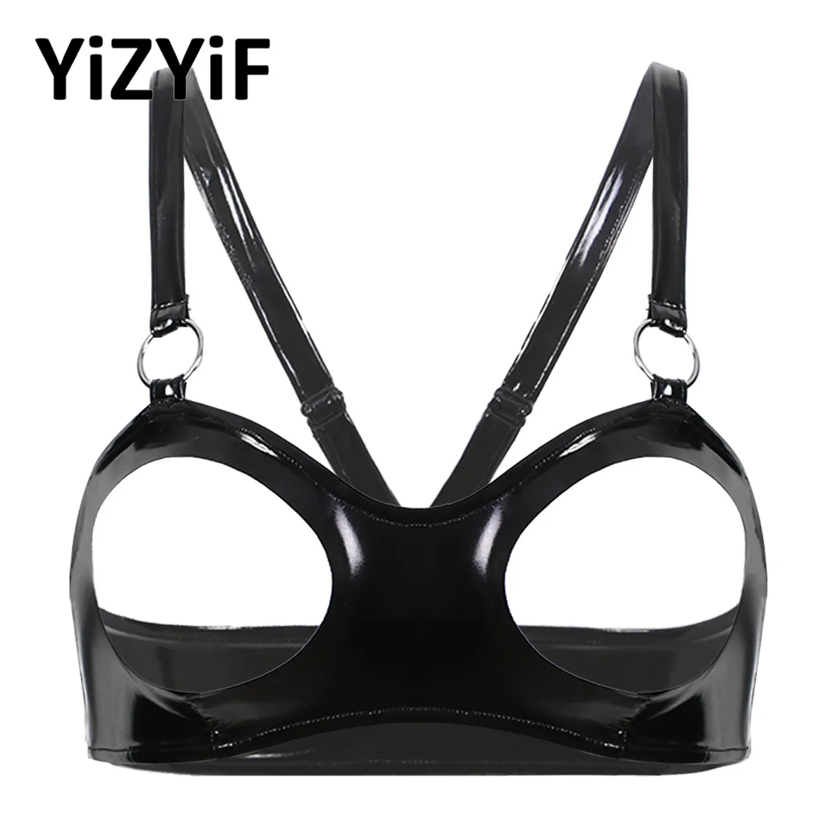 Sexy Open Cup Bra Tops Womens Wet Look Patent Leather Cupless Exposed Breasts Bra Lingerie Exotic Halterneck Latex Clubwear