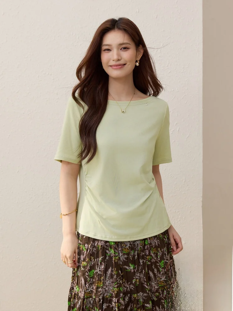 

High Elasticity Boat Neck T-Shirt Knitted Mixed Lenzing Hemp Casual Summer New Style plus Size Women's Fashion Slim Fit Cotto...