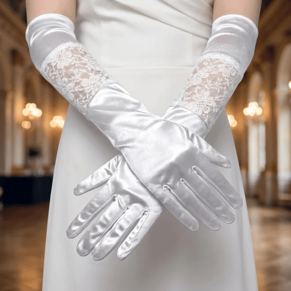 Classic Satin Opera Gloves Vintage Stretch Bridal Long Gloves Solid Color Hollow Out Full Finger Gloves Women