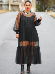 BWQ Women Black Mesh See Though Ruffles Hem Long Sleeve Loose A-line Maxi Long Dress and Tank Mini Dress 2pcs Sexy Dresses