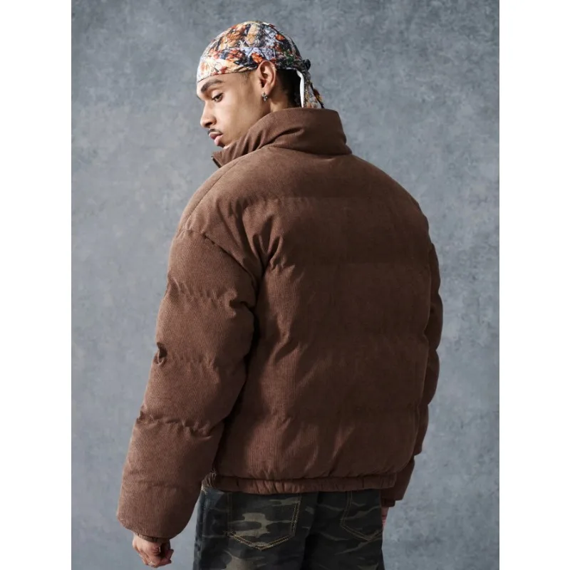 Men Corduroy Padded Jacket Stand Collar Embroidery Zip Loose Cropped Thick Warm Streetwear Casual Coat Autumn Winter for Man