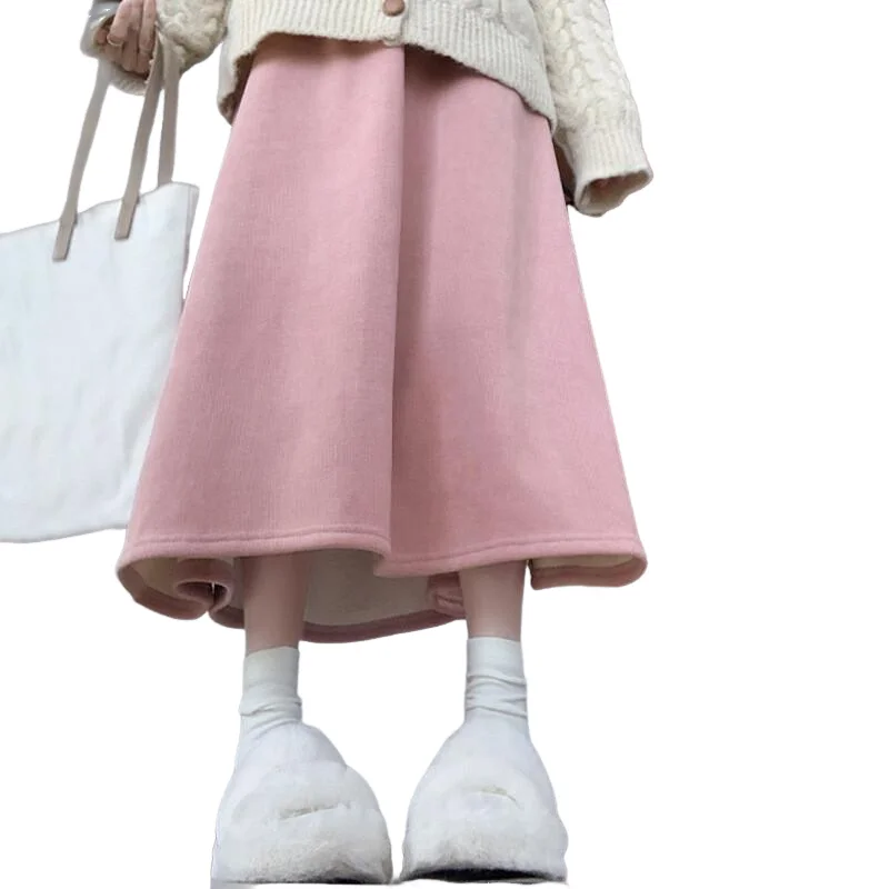 Spódnica w kształcie litery A, bawełniana, z aksamitu, ocieplana polarem, z podszewką, z wysokim stanem, minimalistyczna, z wykończeniem w kształcie litery A, damska, codzienna, zimowa, elegancka sukienka.