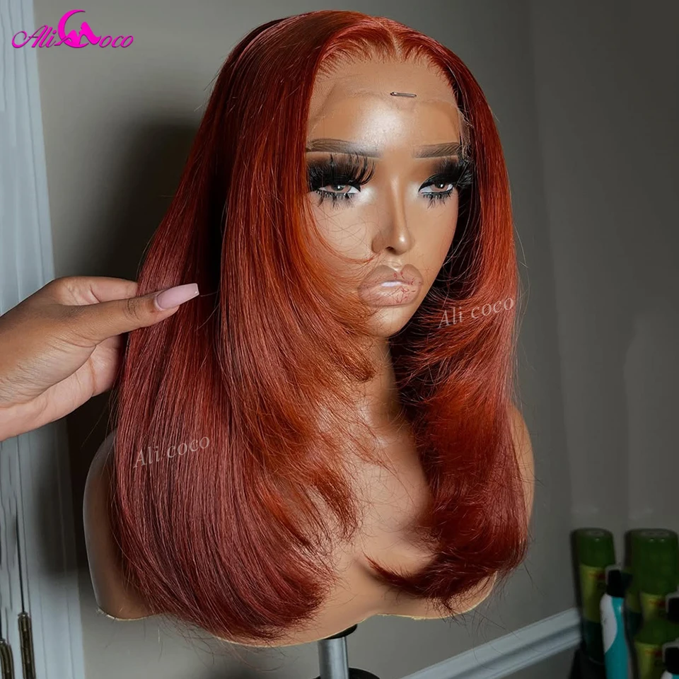 

Reddish Brown Straight Layered 13x6 Lace Front Wigs Copper Red Pre Plucked 13x4 Lace Frontal Wig Layers Glueless Human Hair Wig