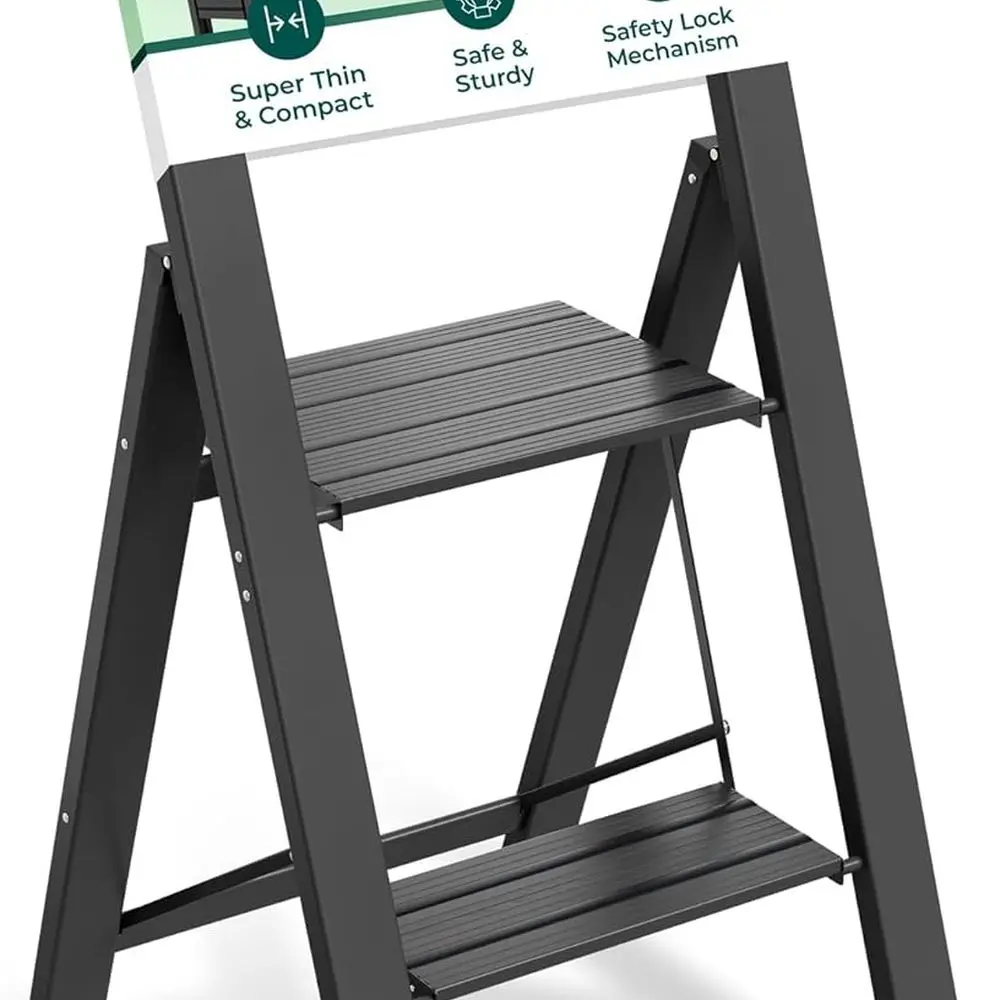 Escalera plegable moderna de 2 escalones de aluminio negro con cerradura, diseño delgado, peldaños antideslizantes, ideal para el hogar, la oficina, la cocina, la fotografía