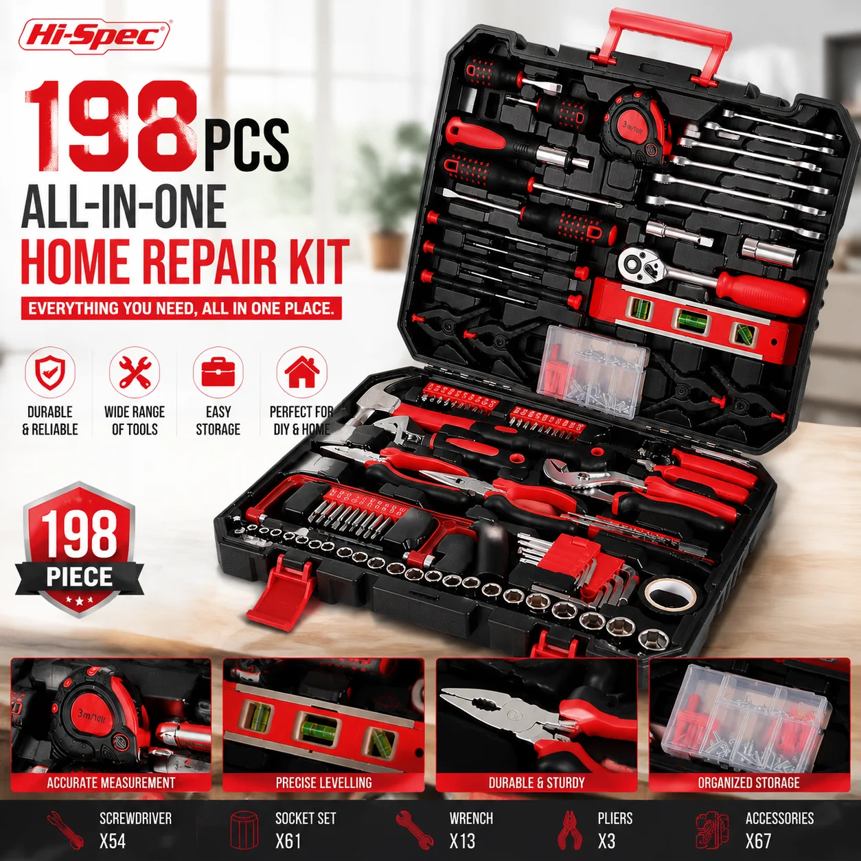 198 Piece Household Tool Case with Ratchet Socket Wrench Set Screwdriver Universal Tool Kit Red Portable Storage Box for Home