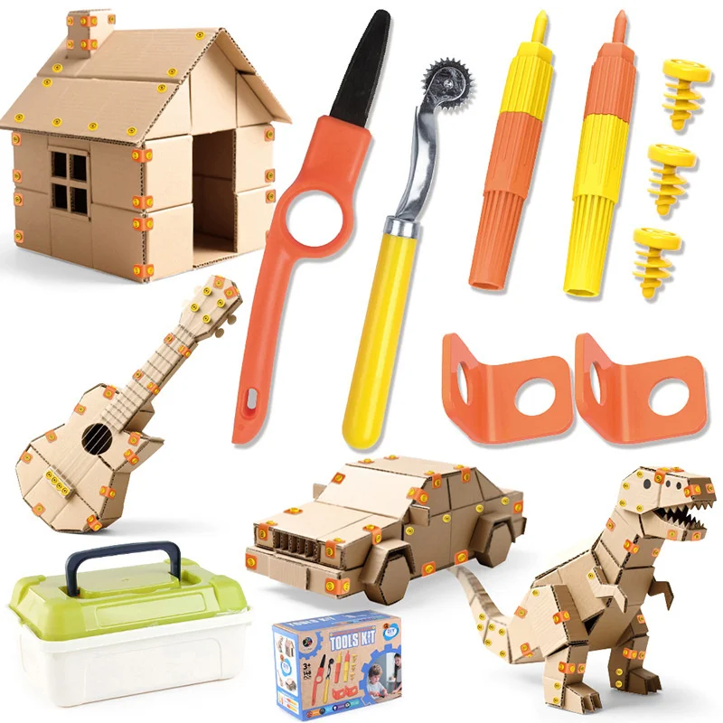 Cardboard Tools With Cutter& Tool Box(148 PCS) For Kids Handmade DIY Family& Team Construction Kits Activity