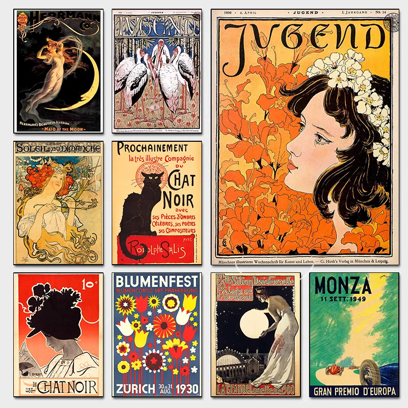 Pósteres Vintage de la serie de gatos negros, espectáculo de flores de París de los años 30, impresiones deportivas de carreras de Motor, pintura en lienzo, imágenes de pared, decoración de la habitación del hogar
