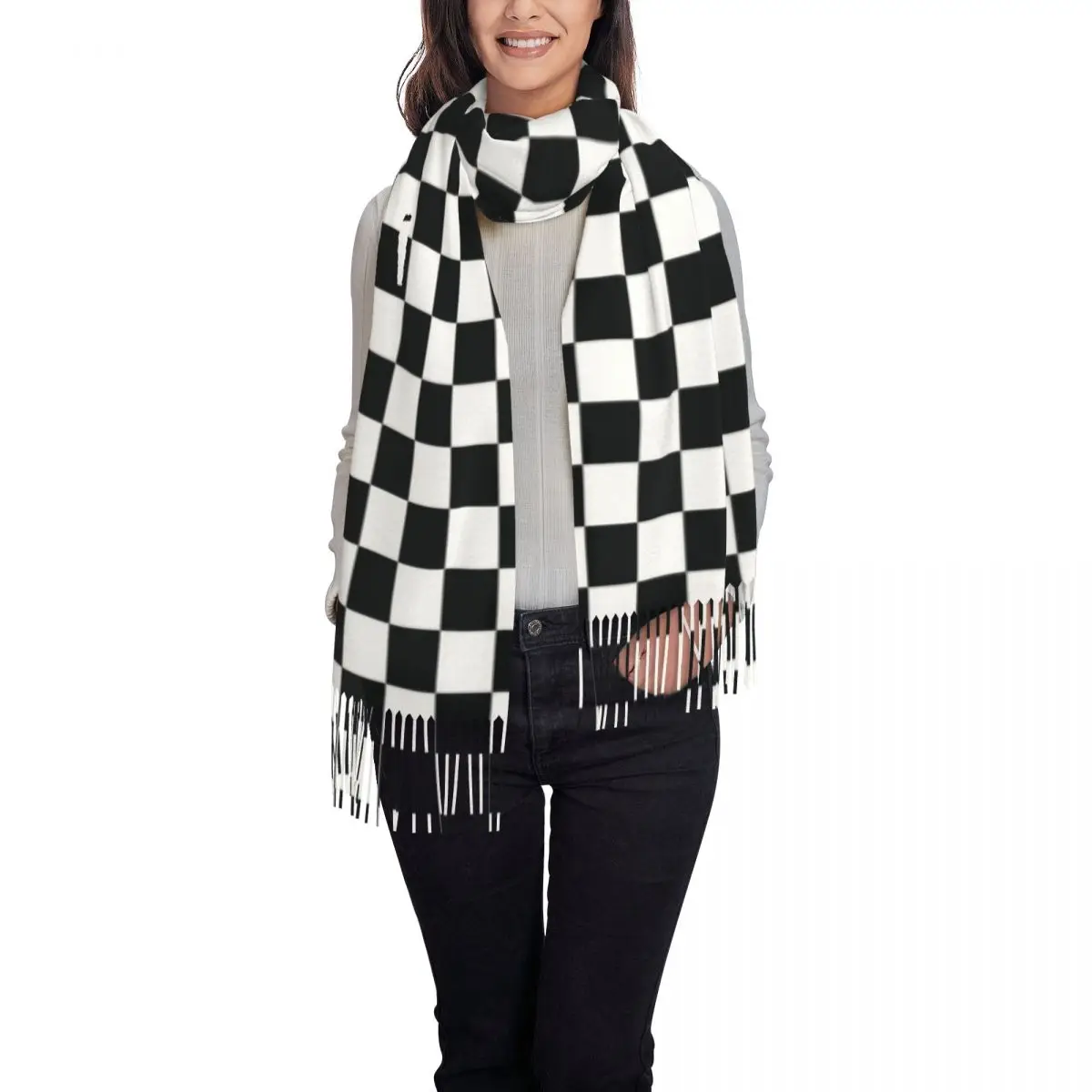 Custom Print Black White Checkered Plaid Grid Scarf Men Women Winter Fall Warm Scarves Shawls Wraps