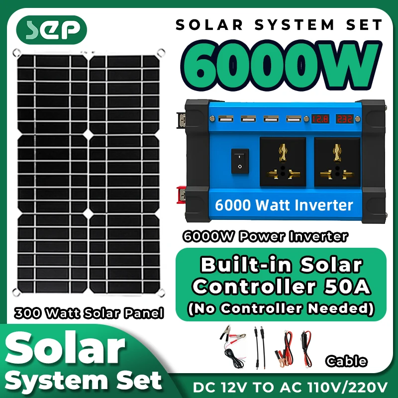 

Off Grid Solar Kit Inverse Control All-in-one System 6000w 12v220v/110 Inverter 18v Solar Panel 30a Controller Camping Car