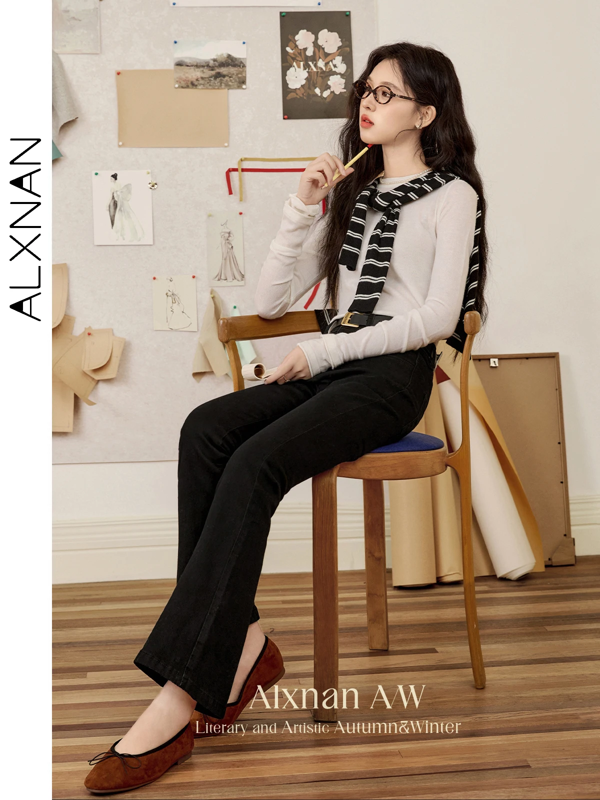 ALXNAN 블랙 플레어 진 2025 더블 버튼 소프트 엘라스틱 여성 바지 우아함 내추럴 가을 겨울 여성용 바지 L50607