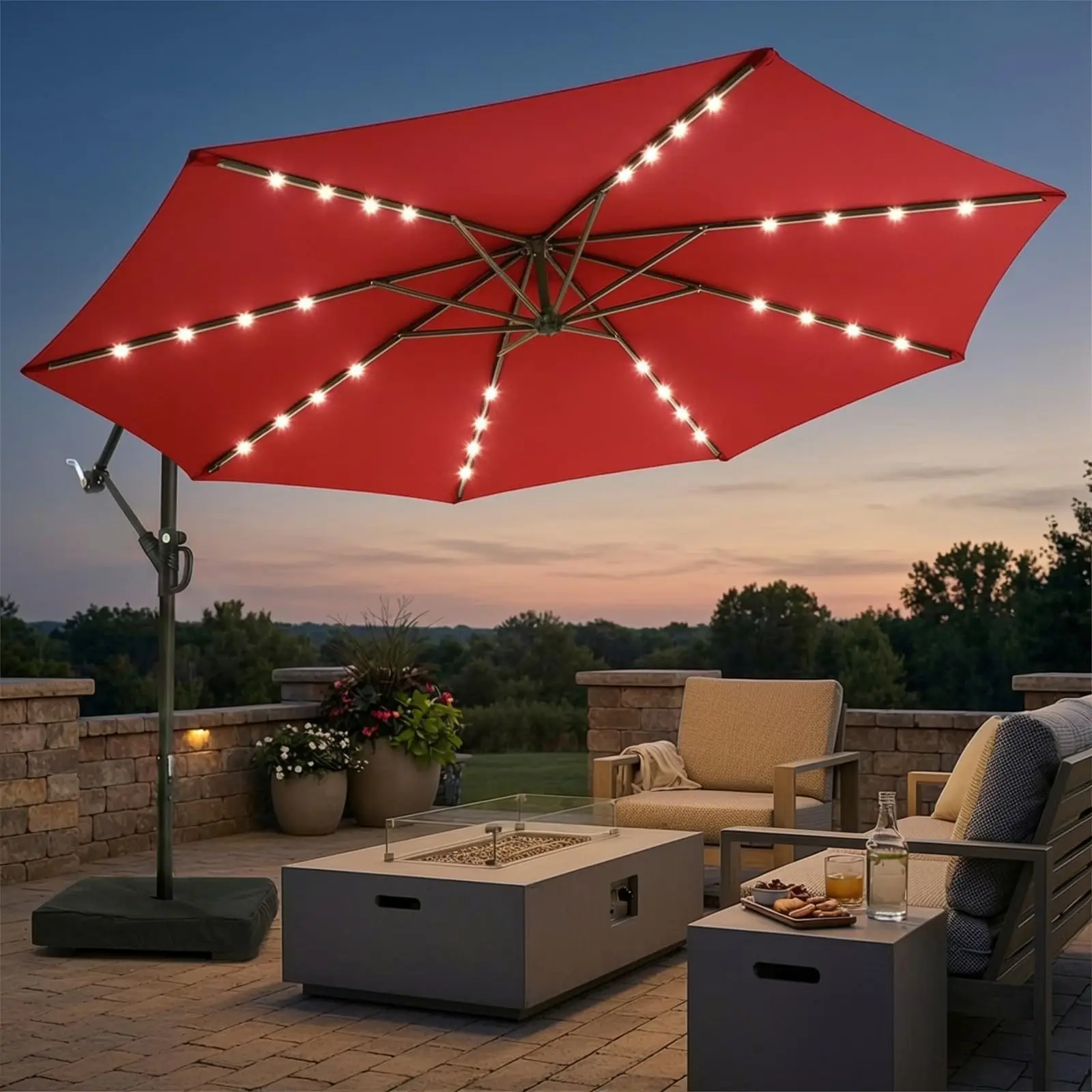 10ft Solar LED Patio Umbrella with Base Included, Offset Umbrella with Weighted Sandbag Base, Cantilever Patio