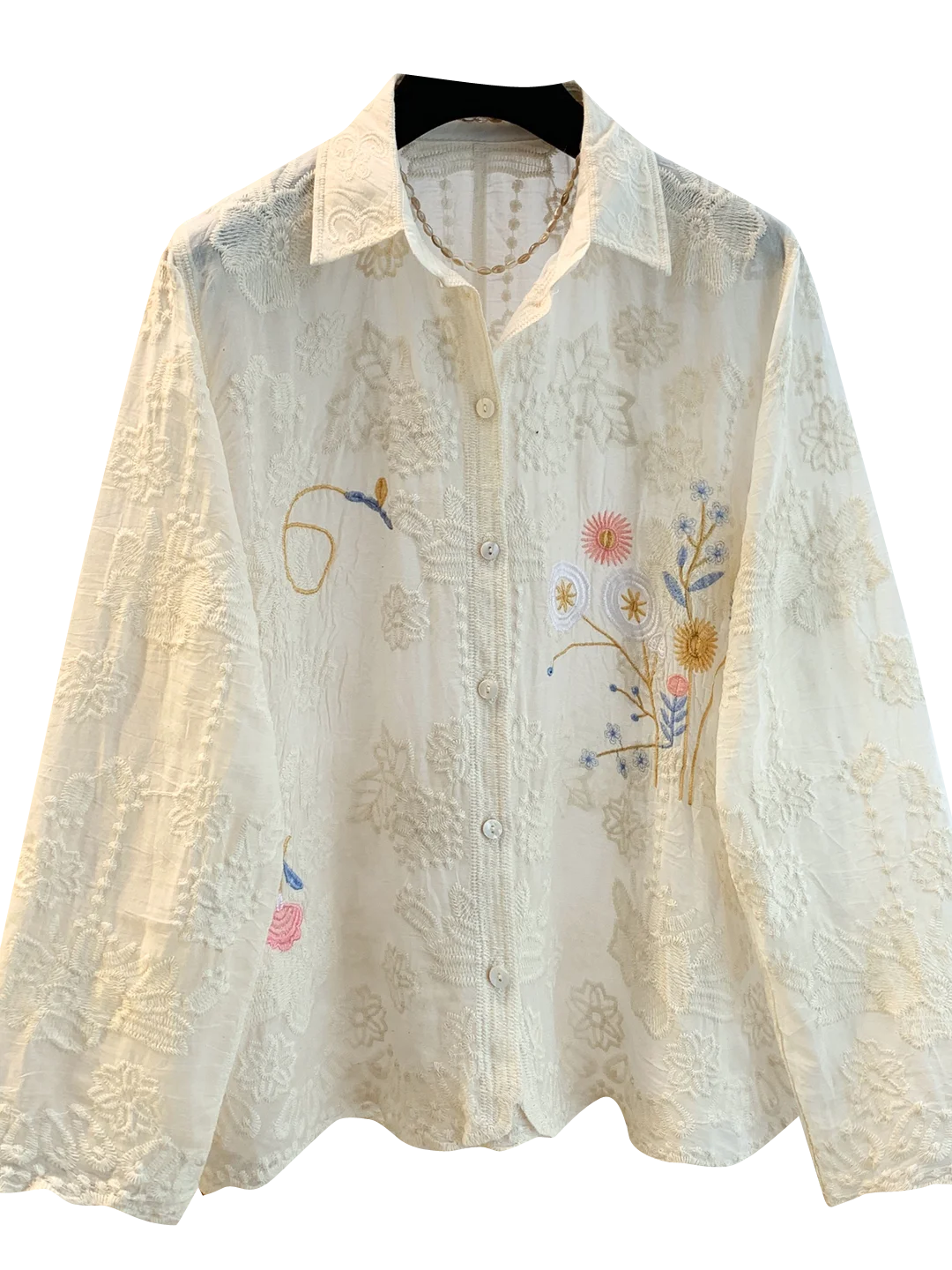 Elegant Embroidered Long Sleeve Women's Shirt Fashionable Ruffle Hem Heavy Work Top for Autumn Season Skin Friendly Breathable