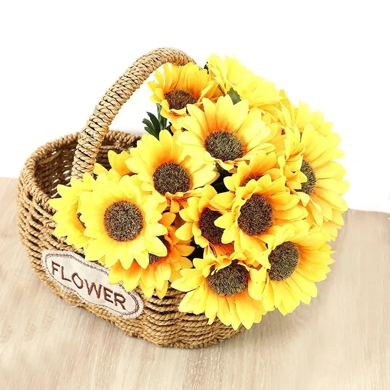 1 Bunch 7 Heads Artificial Sunflowers 29cm Shrubs Fake Flower Bouquet For Garden Bookstore Wedding Cafe Store Party Decor