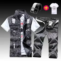 Summer Men Jean Set Sleeveless Jacket Denim shorts New Tide Cowboy Jeans Suit Jacket Handsome Men's Clothing