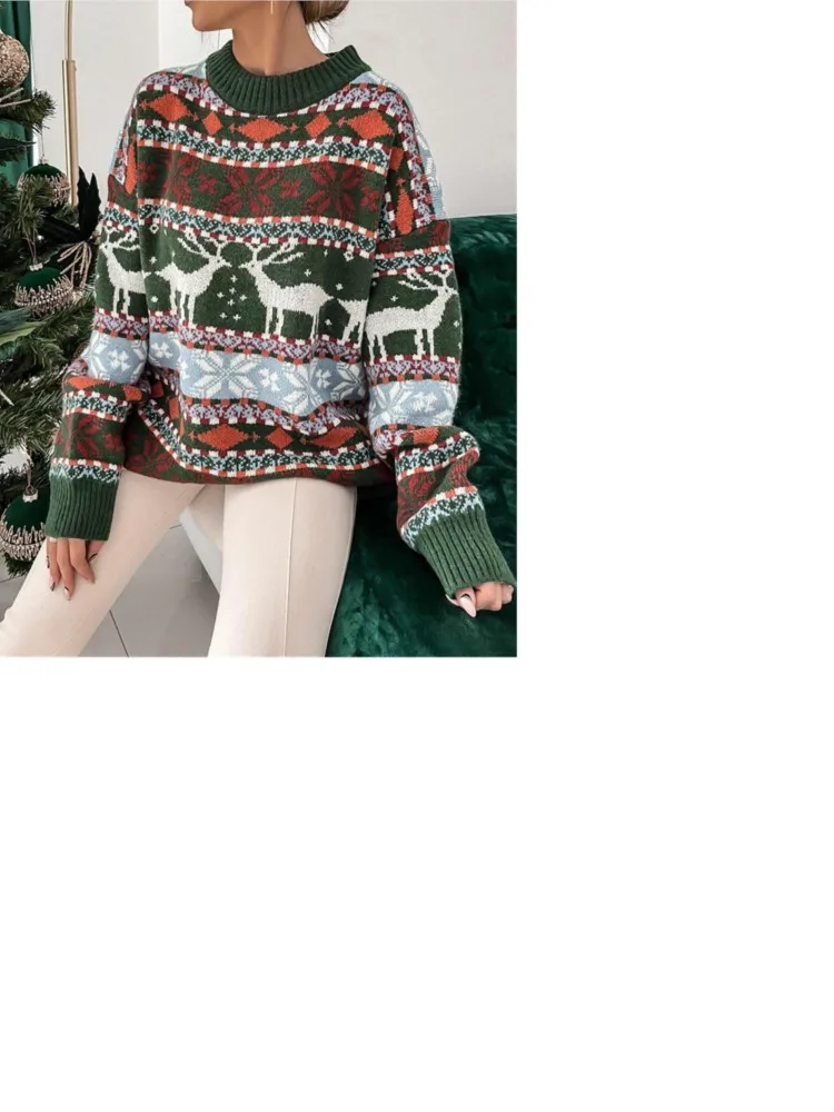 

Christmas Winter Clothe Woman Pull Femme All-match Loose Simple Style Sweater Comfortable Long Sleeves Jacquard Casual Commuting