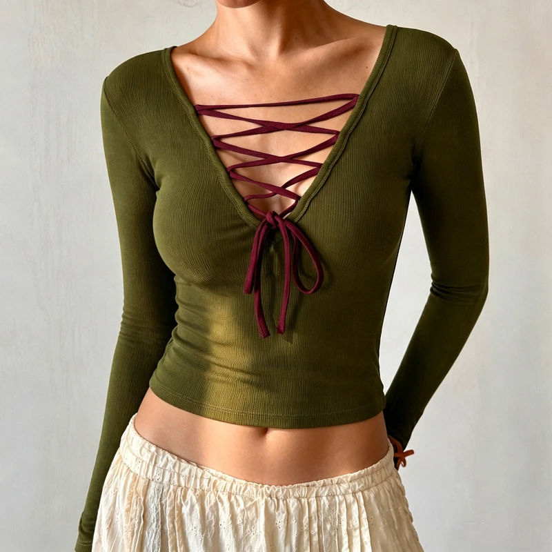 Trendix Women's Long Sleeve V Neck Lace Up Cross Slim Crop T-Shirt Top Y2K Sexy Party Club Autumn Winter Streetwear Fashion Top