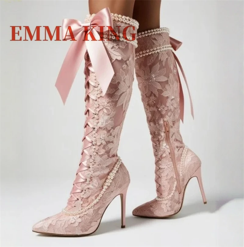 

Женские розовые сапоги на шпильке с кружевом и жемчугом, сапоги до колена с милым декором и бантом, обувь для вечеринок, банкетов и свиданий, 2026 Zapatos Para Mujere