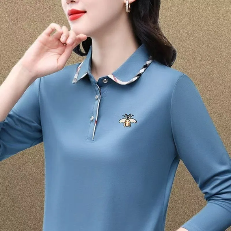 Polo Collar Pure Cotton Polo Shirt Long-Sleeved T-shirt Women\'s Summer 2024 New Mom Middle-Aged Loose Slimming Top