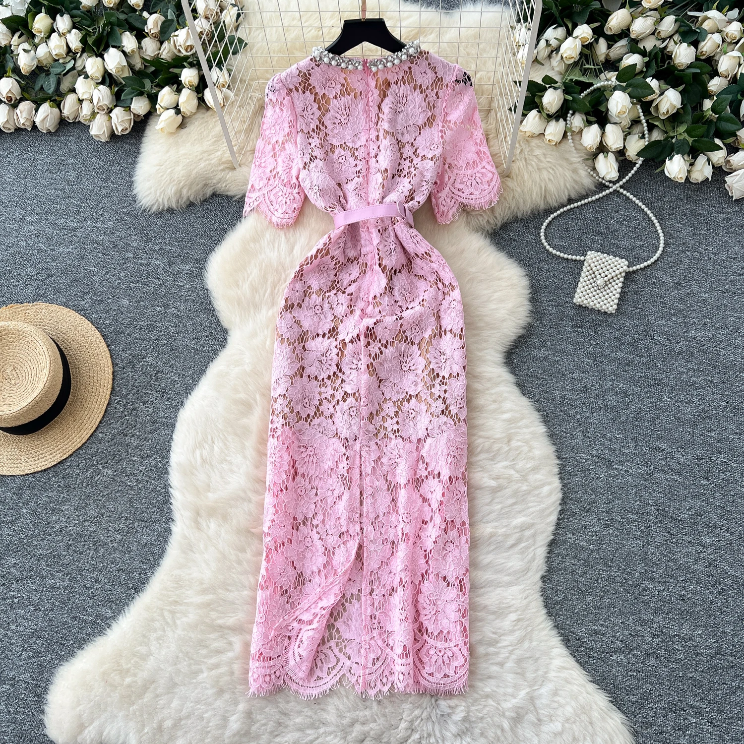 Chic vintage Sexy lace pencil dress Elegant Fairy korean fashion Boho Sundress women clothing Long dress