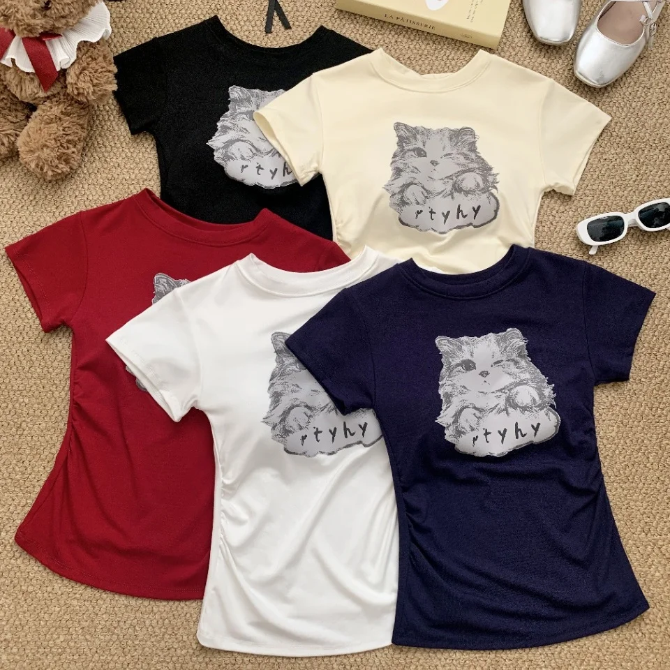 Sweet Style Summer New  Print Splice Short Sleeve Women's Slim Fit Integrated Chest Pad Top Nylon Cotton Spandex Blend