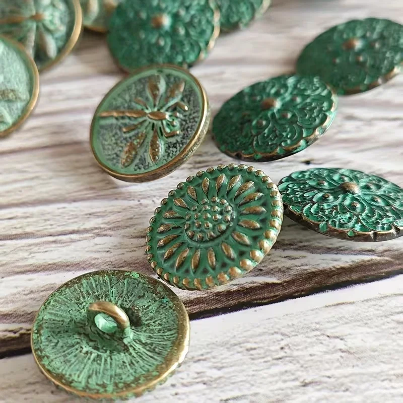 15 green metal buttons in a 3-style set (dragonfly pattern, lotus pattern, mixed pattern) suitable for accessories, accessories